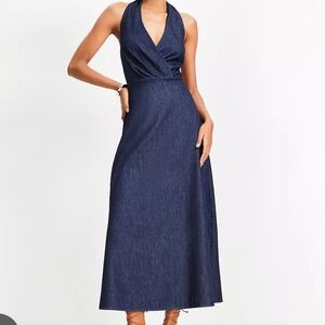 Loft 100% Cotton Sleeveless Deep V Halter Maxi Dress in Navy Blue SZ 10